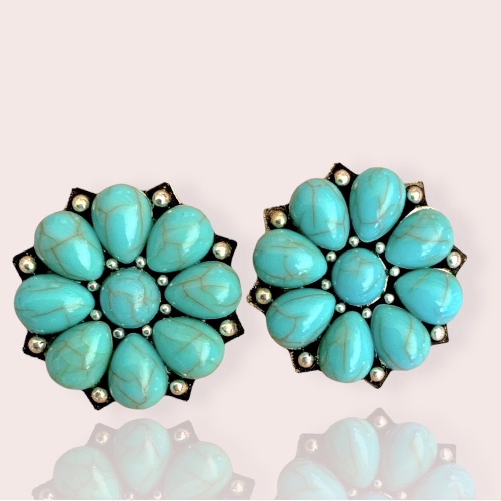 BOGO Large Turquoise Flower Silvertone Statement Stud Earrings Bohemian Boho